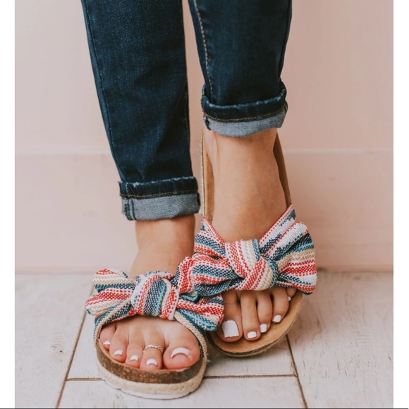 Multi Colored Slip On Linen Fabric Bow Sandals - Picture 4 of 11
